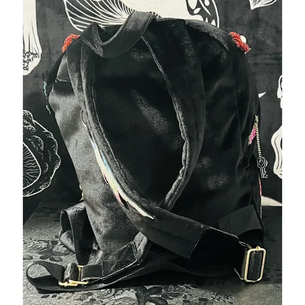 Betsey Johnson Embellished Punk Graffiti Backpack Black Rose Cherry Lips Studded